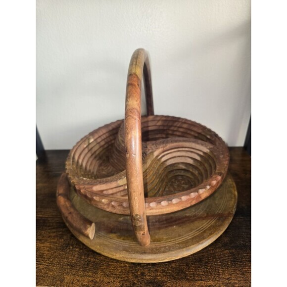 Collapsible Carved Wooden Nut Basket With‎ 3 Compartments Foldable - Picture 9 of 13